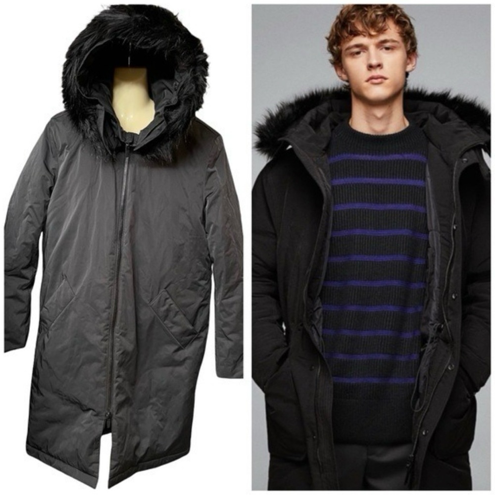 Zara‎ Man Black Faux Fur Hooded Zipper Front Windbreaker Coat Size M